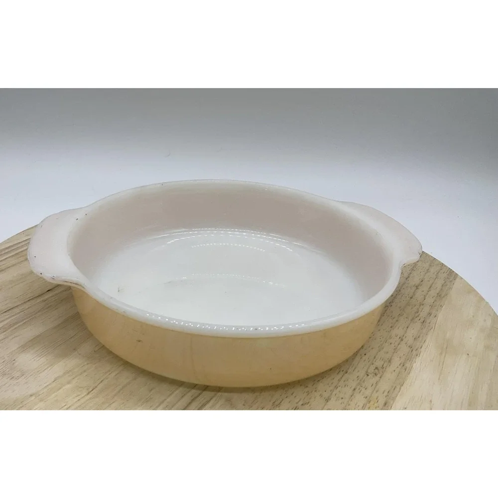 Vintage 8.5 A.H. Fire King Peach Lustre Round Casserole Dish Reverse Logo 450 US